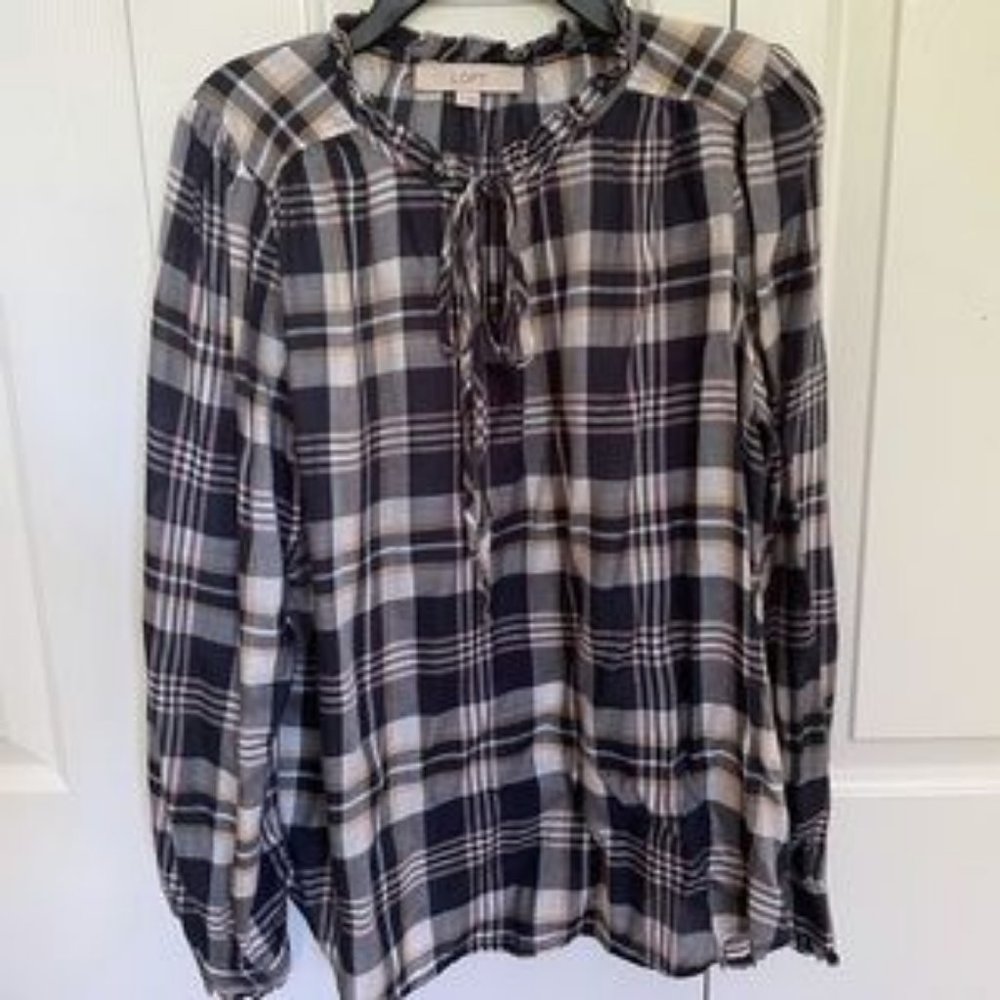 Loft plaid ruffled neck and sleeve top - Picture 3 of 4
